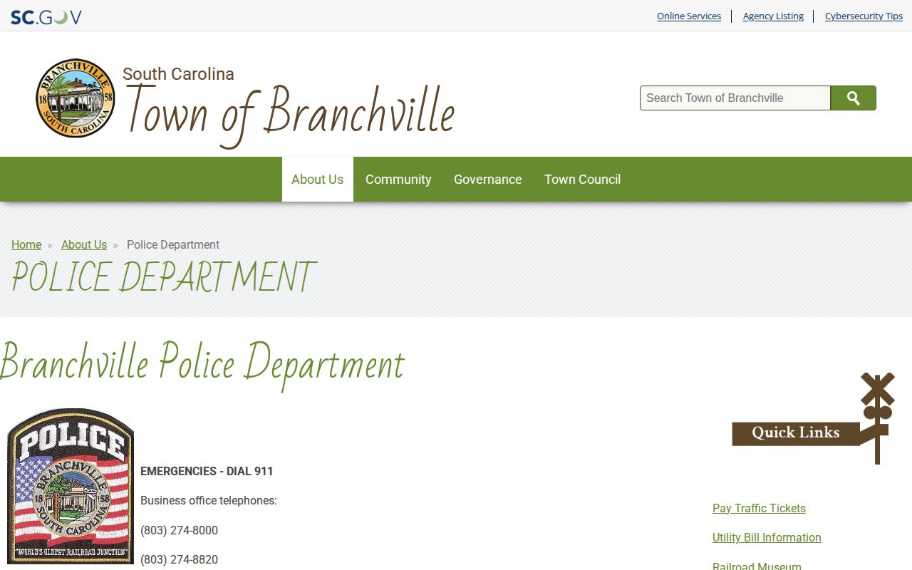 Orangeburg County Branchville Police Department records contact page