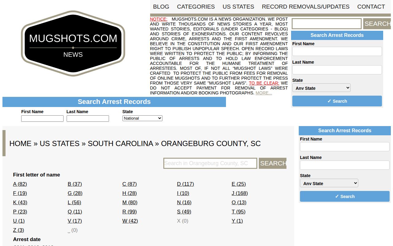 Orangeburg County historical mugshot record source view