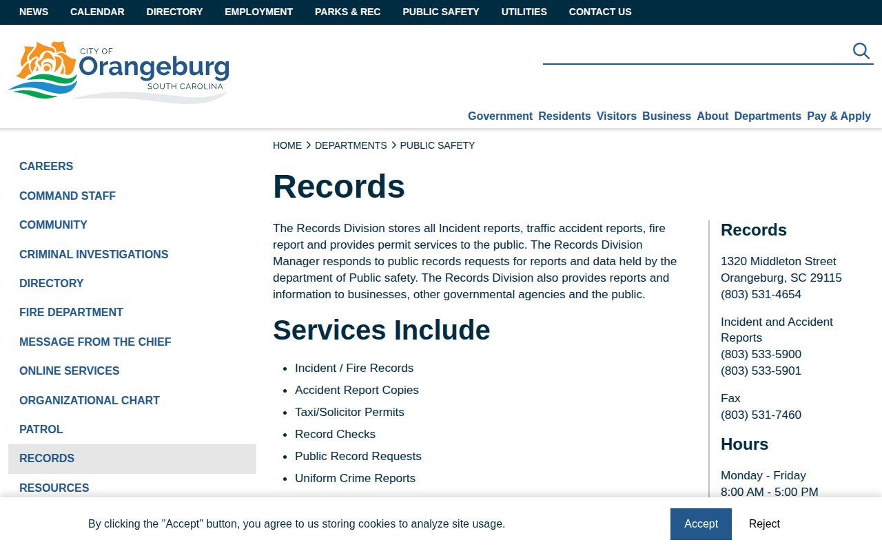 Orangeburg Department of Public Safety Records page